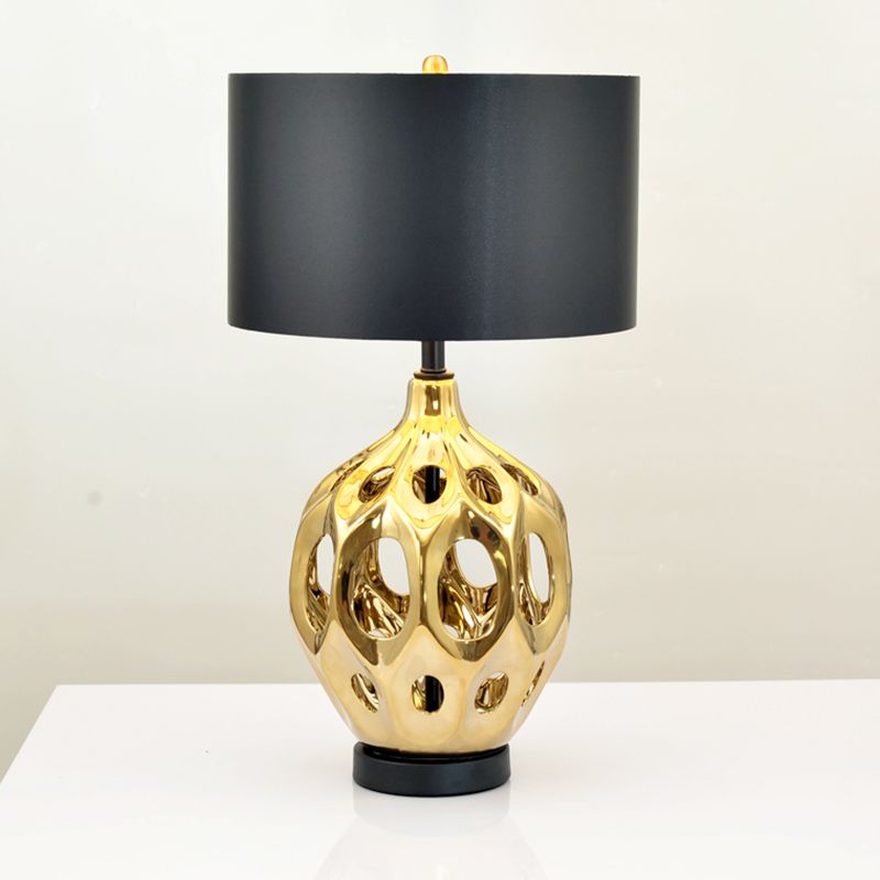 Ceramic Hollowed Out Jar Nightstand Lamp Retro 1-Bulb Bedroom Table Lighting in Gold/Rose Gold with Black Drum Shade