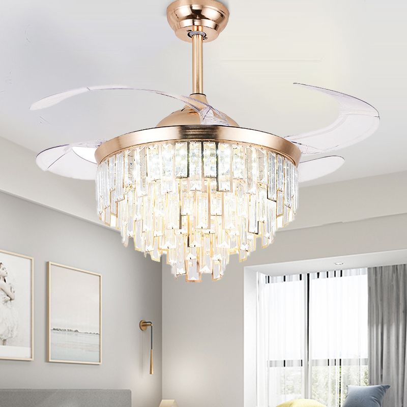 Crystal Cylindrical Ceiling Fan Light Modernism LED Lighting Fixture in Gold with Remote Control/Wall Control/Remote Control and Wall Control for Living Room