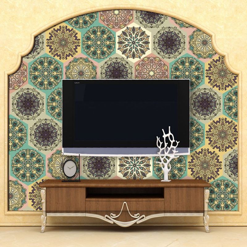 Removable Mandala Wallpaper Panel PVC Bohemian Wall Covering for Living Room (12 Pcs)