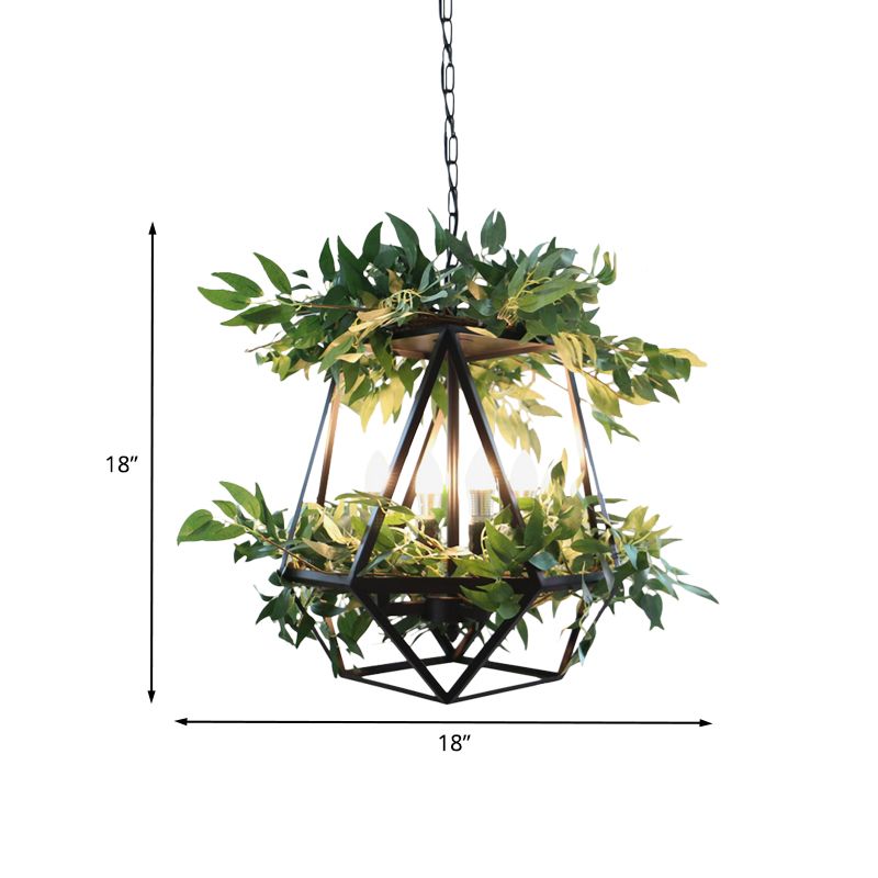 4-Bulb Metal Chandelier Pendant Light Antiqued Style Black Prism Cage Dining Room Suspension Lamp with Plant Deco