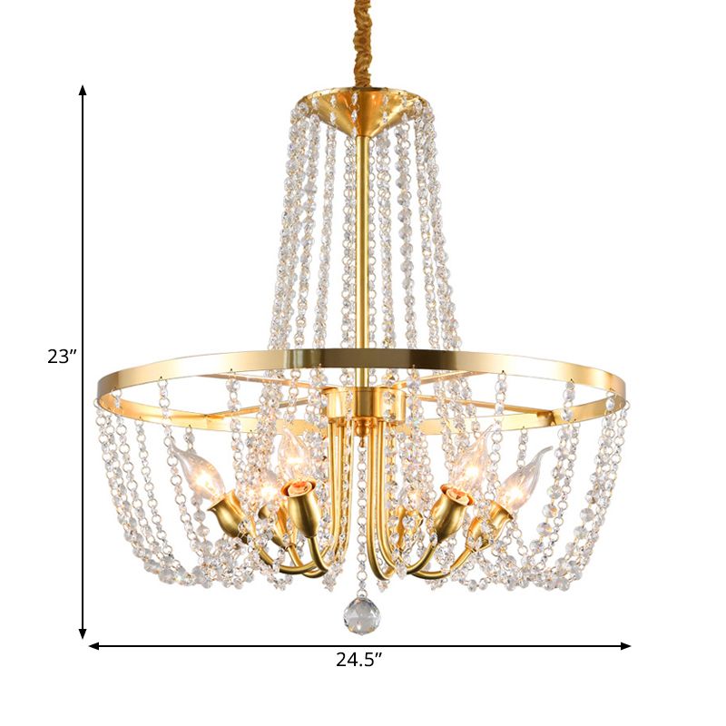 Modern Ring Hanging Lamp 6 Bulbs Clear Crystal Stands Pendant Chandelier in Gold with Scrolled Arm