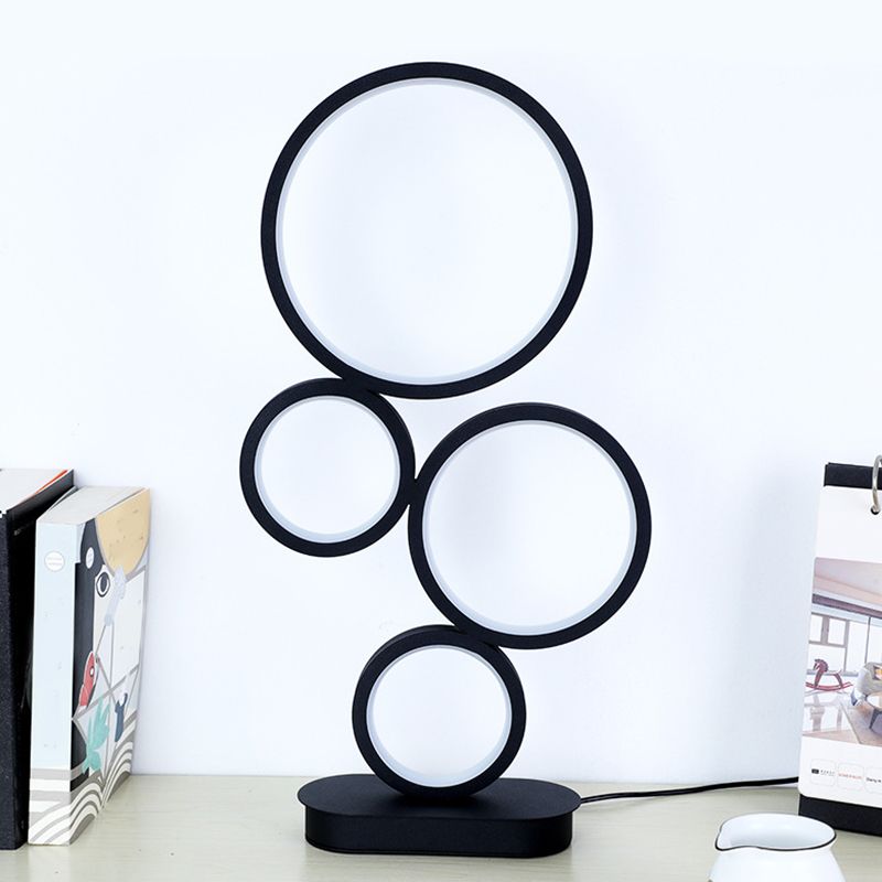 Simple Stacked Round Table Lamp Metallic LED Bedside Night Lighting with Circular Pedestal in Black, Warm/White Light