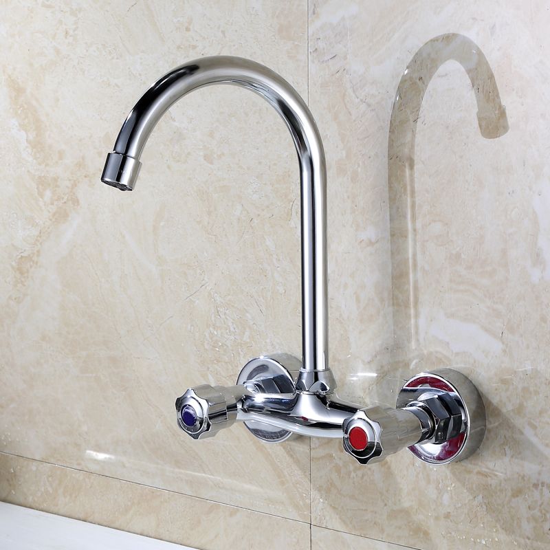 Contemporary Two Handles Kitchen Faucet Pull-down Metal Wall-mounted Faucet