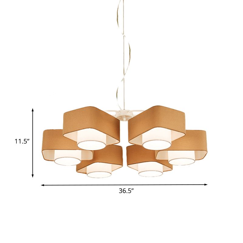 Nordic 2 Shades Fabric Chandelier Pendant 6 Heads Hanging Light Fixture in Brown over Table