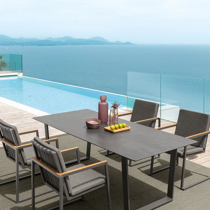 Modern Rectangle Patio Table  Outdoor Stone Top and Steel Frame Dining Table