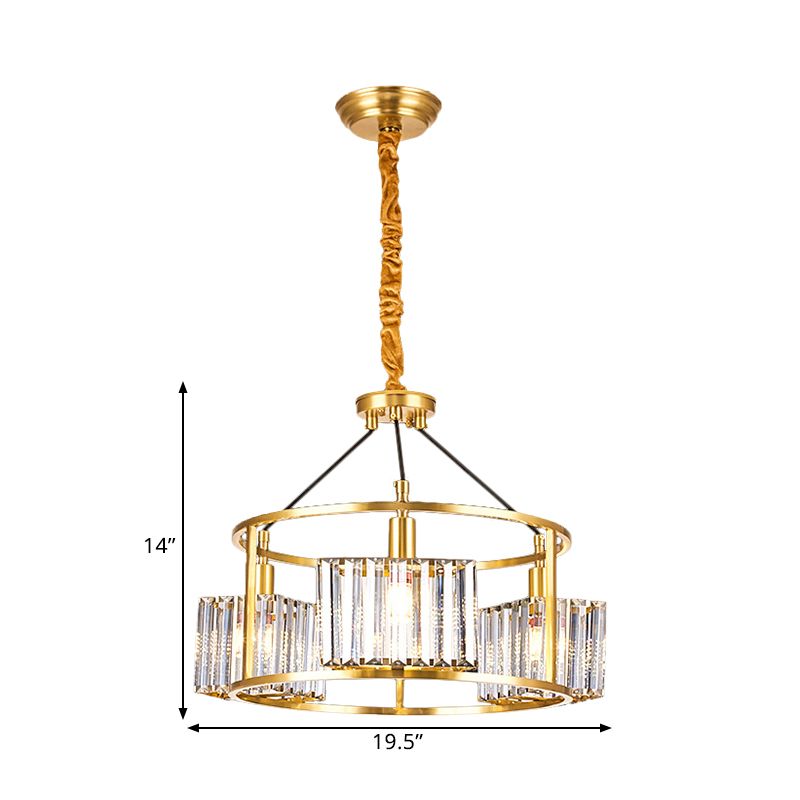 Crystal Blocks Clear Ceiling Chandelier Drum Metal Frame 3 Heads Modern Hanging Light Kit in Gold