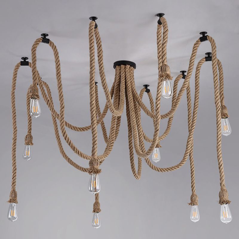 Spider Shaped Hemp Rope Pendant Country Style Restaurant Ceiling Hang Light in Beige