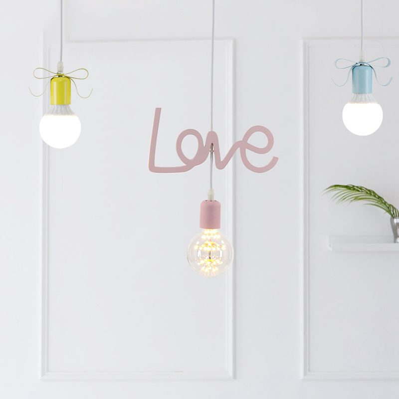 Bare Bulb Resin Cluster Pendant Macaroon 3-Light Red-Yellow-Blue Ceiling Light with Bow and Letter Design