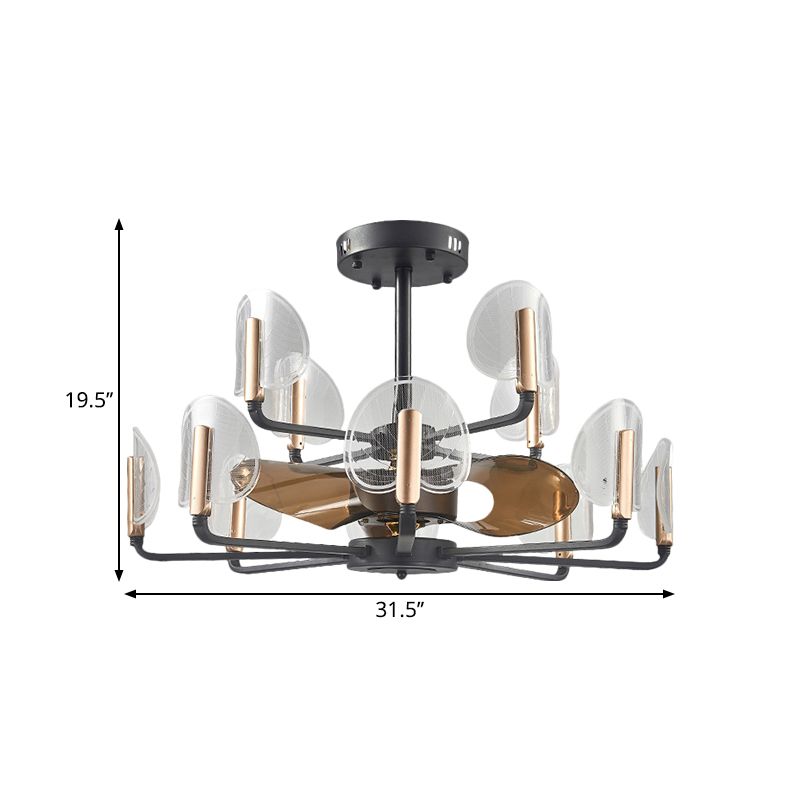 Acrylic Cattail Leaf Shape Fan Light Modern 31.5" Width 12 Heads Black Radial Semi Flush Mounted Lamp with 3 Brown Blades