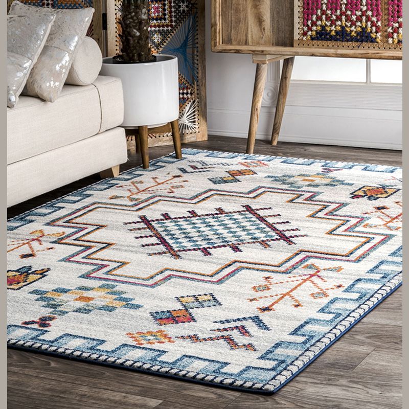 Chic Blue Morocco Rug Tribal Print Polyester Area Carpet Easy Care Washable Rug for Living Room