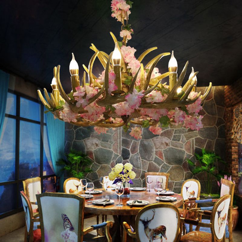 Antler Resin Chandelier Lighting Industrial 12 Lights Restaurant LED Ceiling Lamp in Pink with Cherry Blossom