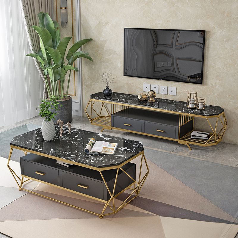 Contemporary TV Media Stand Marble Stand Console with Drawers