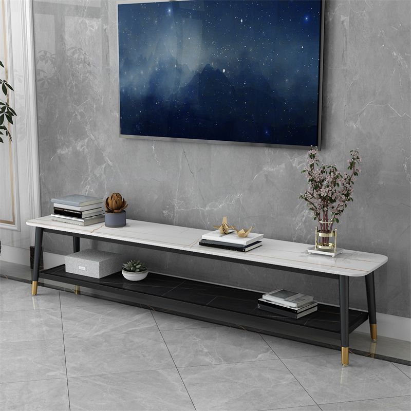 Glam Style Stone TV Stand 2 Shelves Open Storage TV Stand Console