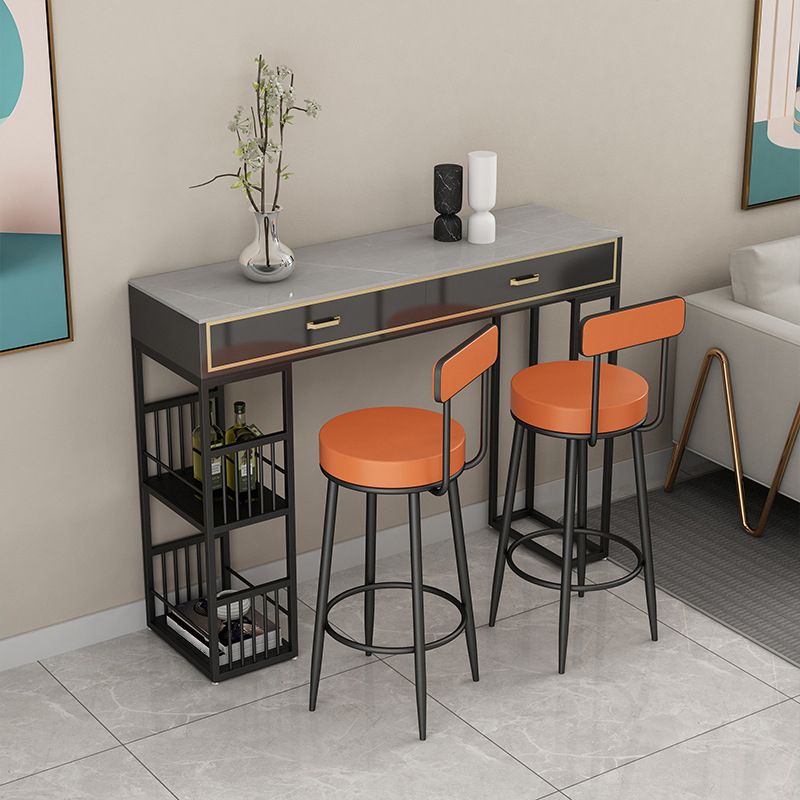 Glam Style Rectangle Bar Table Stone Fixed Bistro Bar Desk with Storage