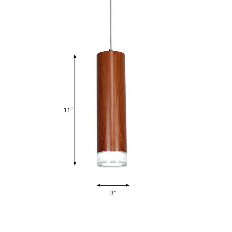 11"/19"/27" H Cylinder Hanging Light Kit with Wood Grain Shade Minimal Metal Single Head Brown Hallway LED Ceiling Pendant Light in Warm/White