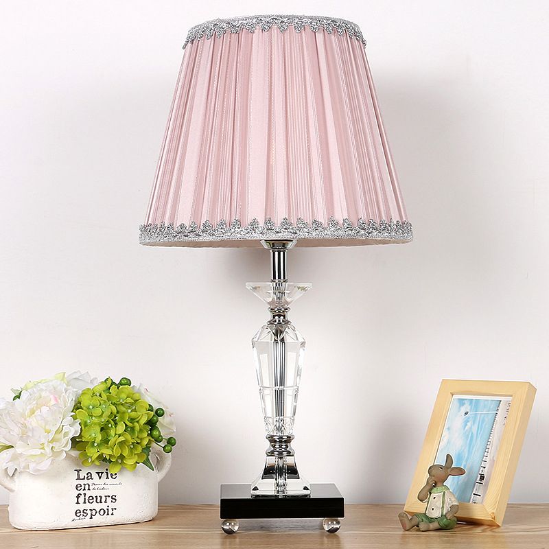 1-Head Bedroom Crystal Table Lighting Contemporary Pink/Blue Nightstand Light with Conical Fabric Shade