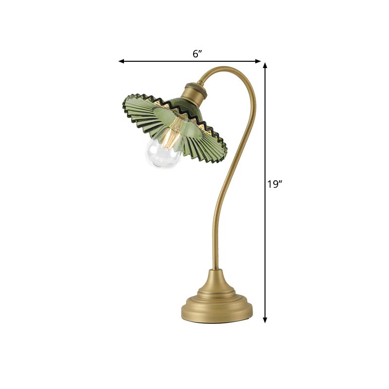 Wide Flared Table Light Simplicity Grey/Green Ribbed Glass Brass Night Lighting with Curved Arm