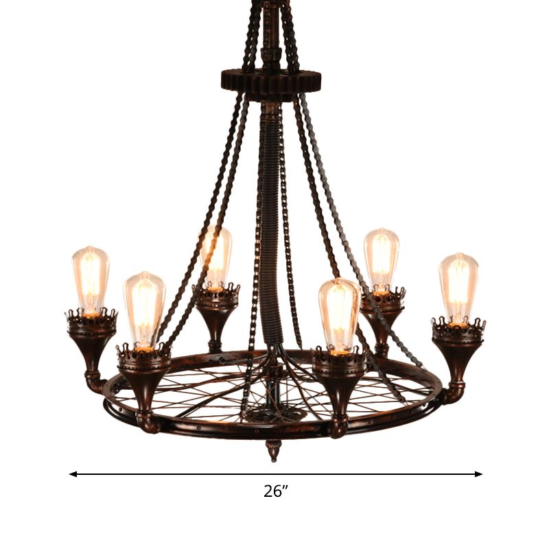 Rust Wheel Chandelier Pendant Light Industrial Metallic 6-Bulb Restaurant Pendulum Lamp with Bicycle Chain