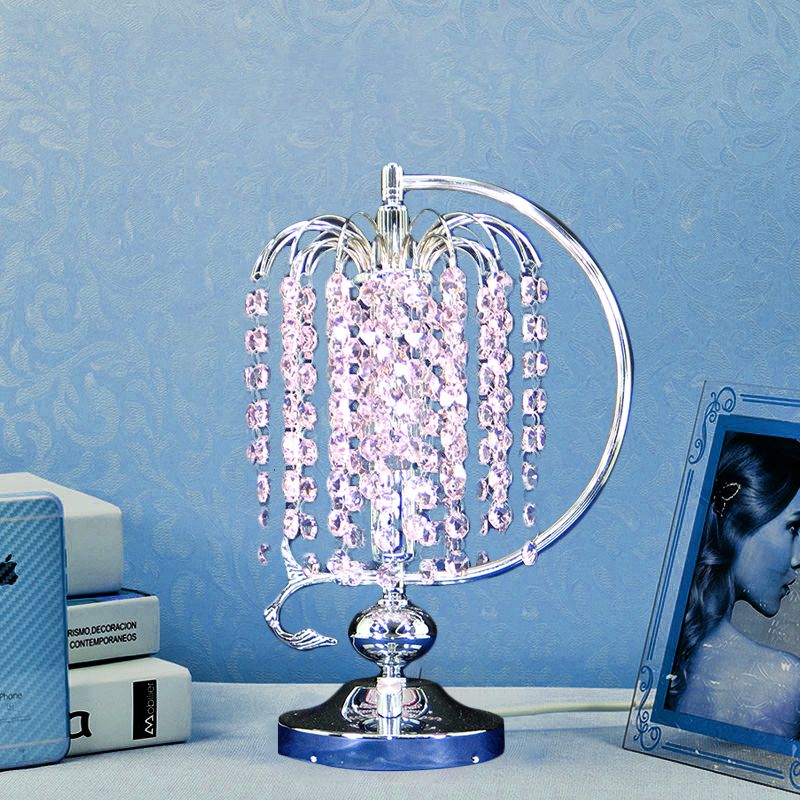 1-Head Drooping Tassel Night Light Retro Pink/Yellow/Blue Crystal Table Lighting with Polished Chrome C Arm