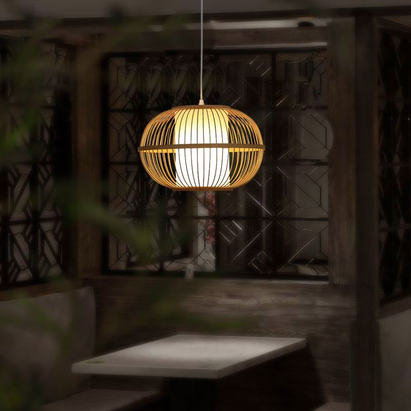 Handwoven Ceiling Light Modern Bamboo Single Restaurant Hanging Pendant Light in Wood