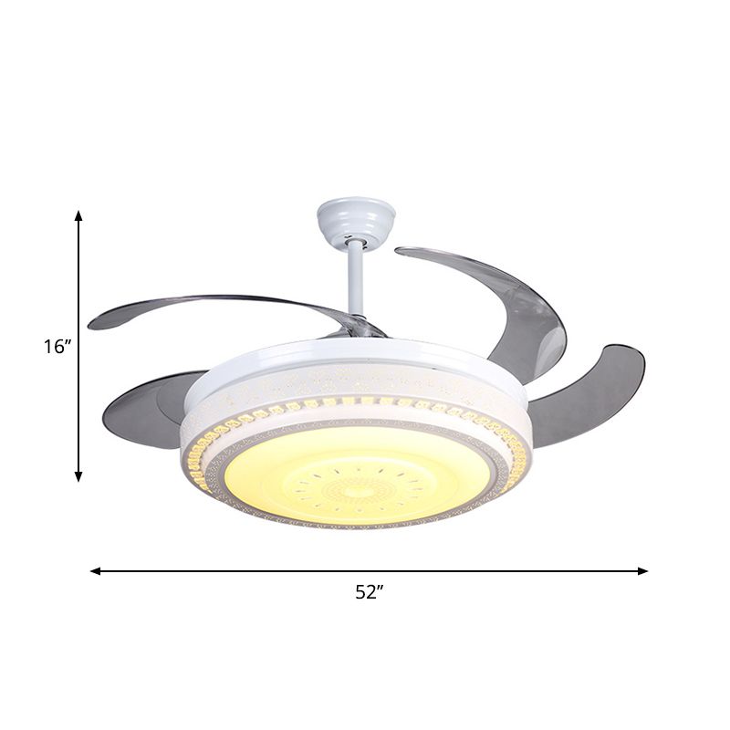 4 Blades White LED Ceiling Fan Light Modern Faceted Crystals Circular Semi Flushmount, 52" Wide