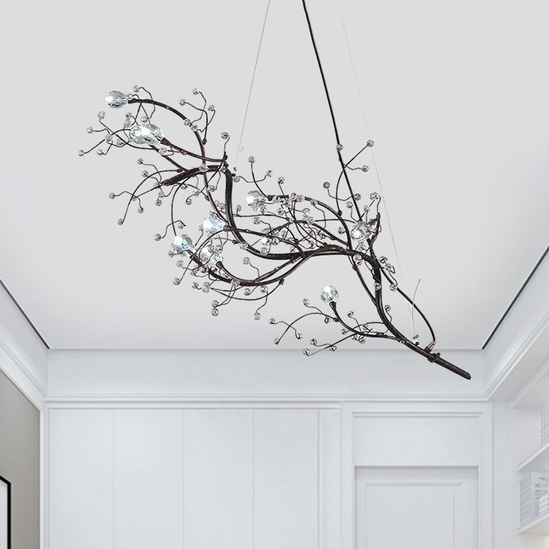 Metallic Thin Branch Chandelier with Crystal Bead 10 Lights Romantic Suspension Light for Boutique