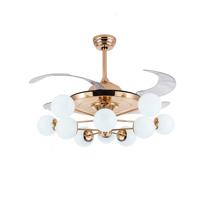 42" Wide Milk Glass Ball Pendant Fan Lamp Postmodern Rose Gold Semi Flush Light with 4 Clear Blades