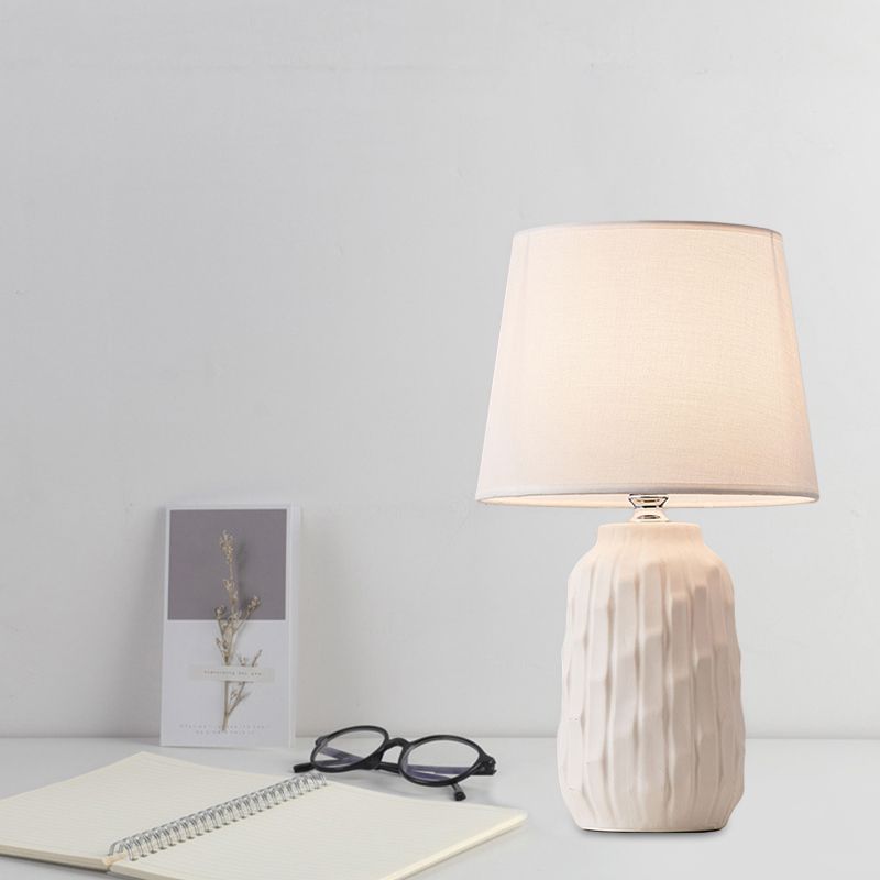 Modernist Conical Table Light Fabric 1 Head Bedroom Desk Lamp with Cylinder Ceramic Base in White/Pink/Blue