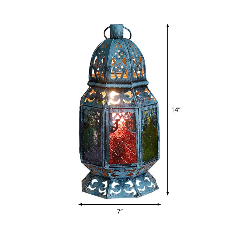 Antiqued Candlestick Desk Light 1 Head Metal Night Table Lamp in Blue with Textured Glass Shade