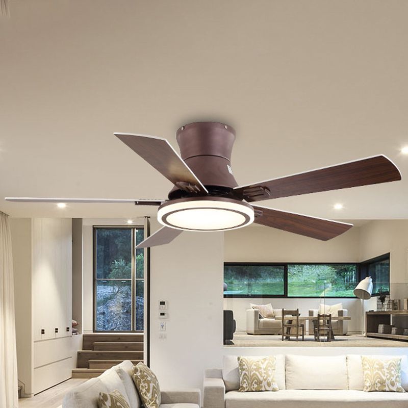 48" W LED Round Ceiling Fan Light Modern Brown Metal Semi Flush Mount Lighting for Living Room, 5 Blades