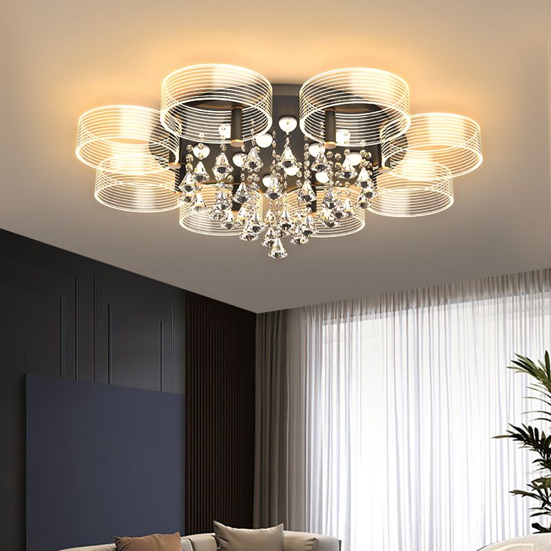 Acrylic Round Semi Mount Lighting Modern Black-Gold LED Ceiling Light with Flower Design