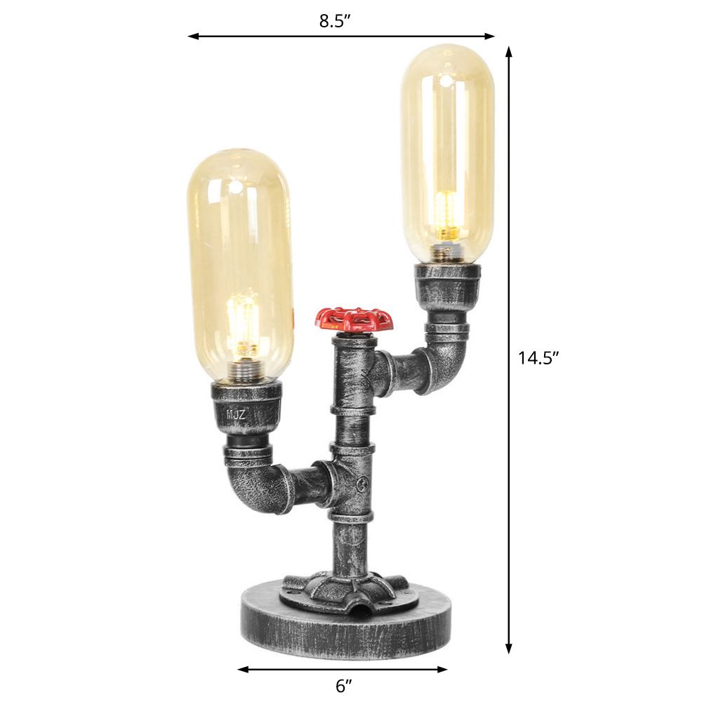 Clear/Amber Glass Antique Silver Table Light Capsule Shade 2-Light Industrial Desk Lamp for Living Room