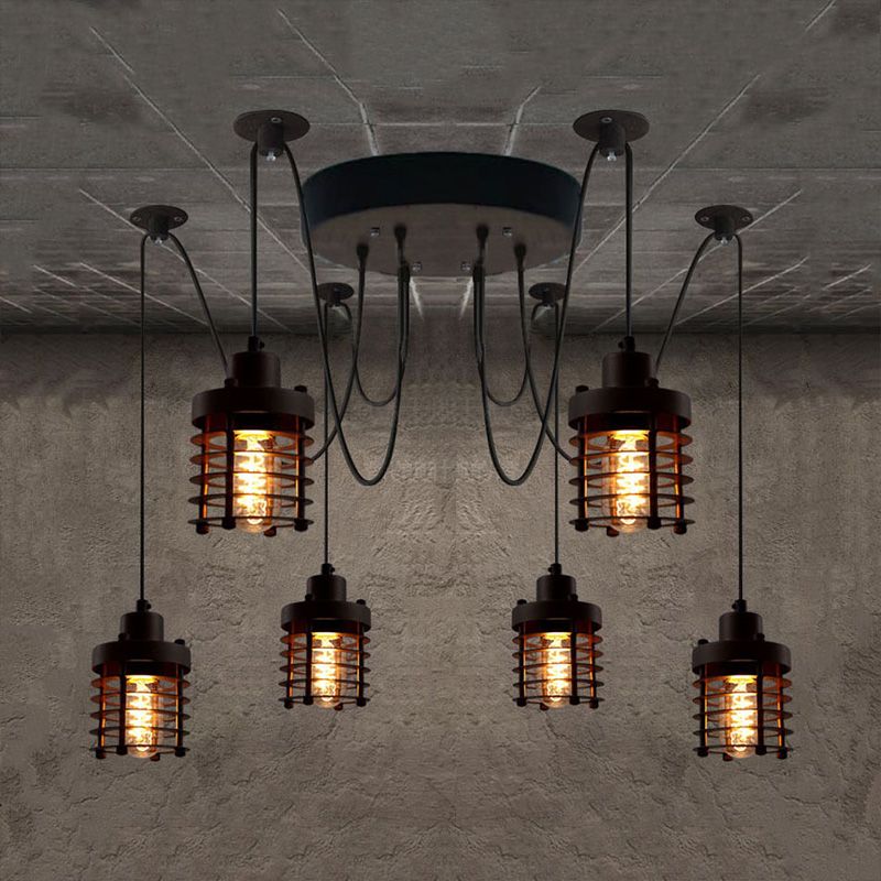 6 Light Iron Ceiling Lighting Farmhouse Style Black Cylinder Cage Shade Bedroom Hanging Light Fixture with Spider Design