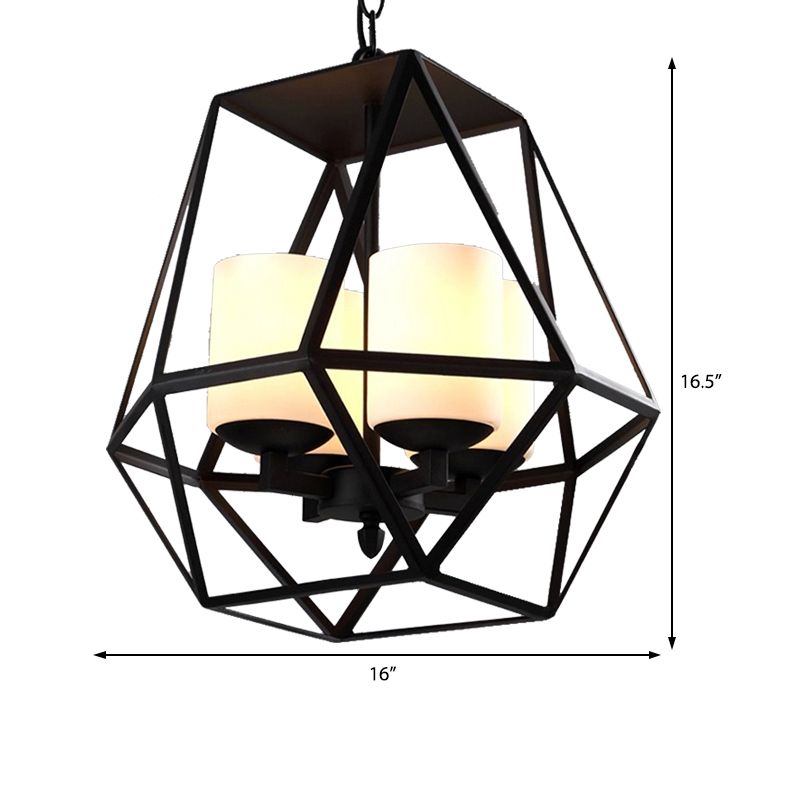 Geometric Dining Room Pendant Chandelier Industrial Opal Glass 3/4 Light Black Hanging Fixture with Cage