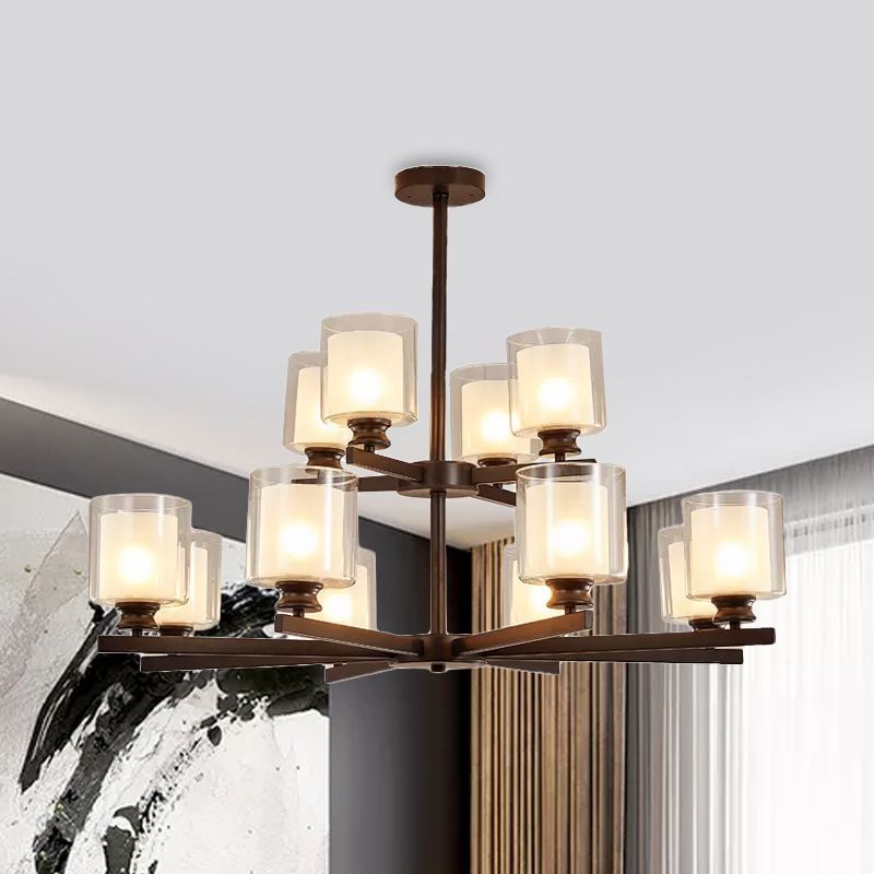 2-Tier Cylinder White Glass Chandelier with Radial Design Modernist 12 Lights Black/Gold/Sliver Hanging Light Fixture