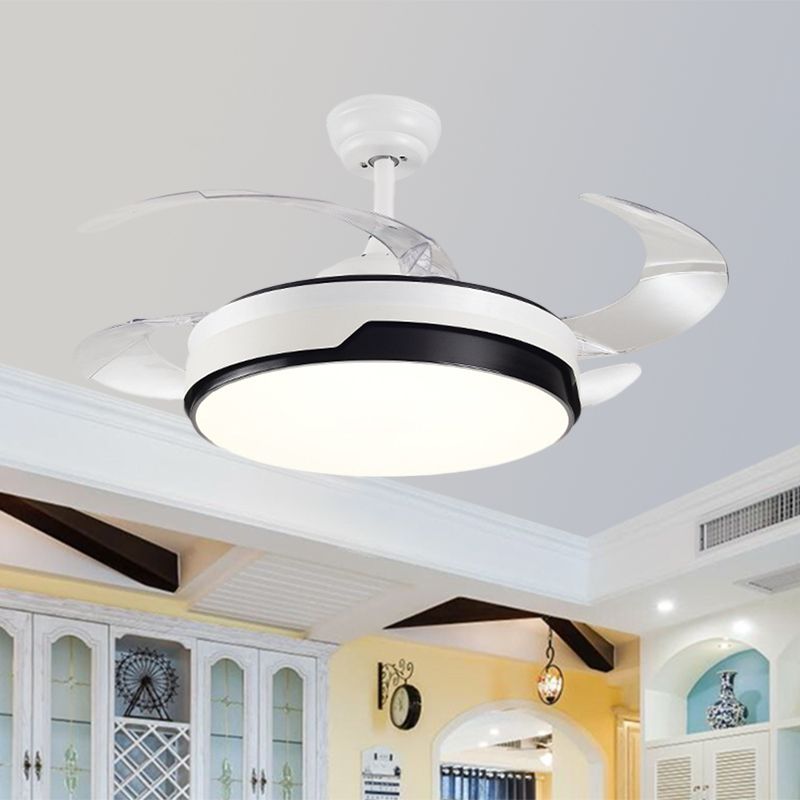 Acrylic Drum-Shaped Ceiling Fan Light Minimalism White 4-Blade LED Semi Flush Mount Lighting, 42" Wide