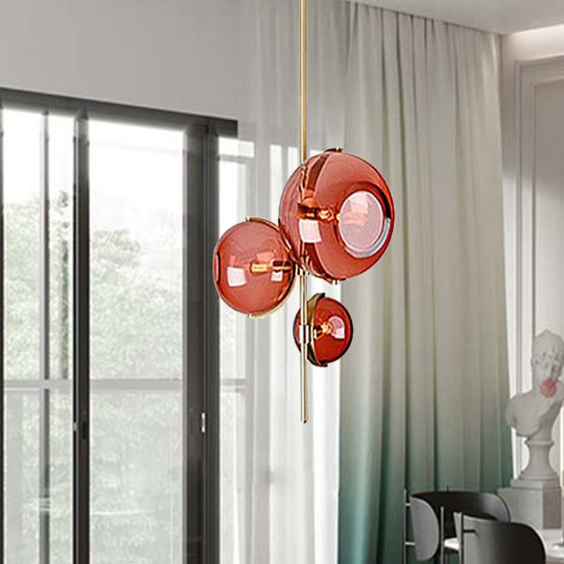 Contemporary Sphere Red Glass Chandelier 3-Head Dining Room Pendant Lighting Fixture