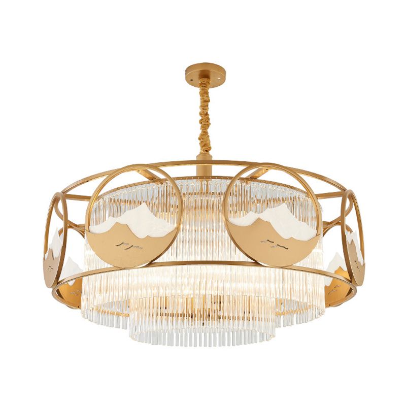 Postmodern 8 Lights Ceiling Pendant Gold Square/Round Chandelier Lamp with Crystal Rod Shade