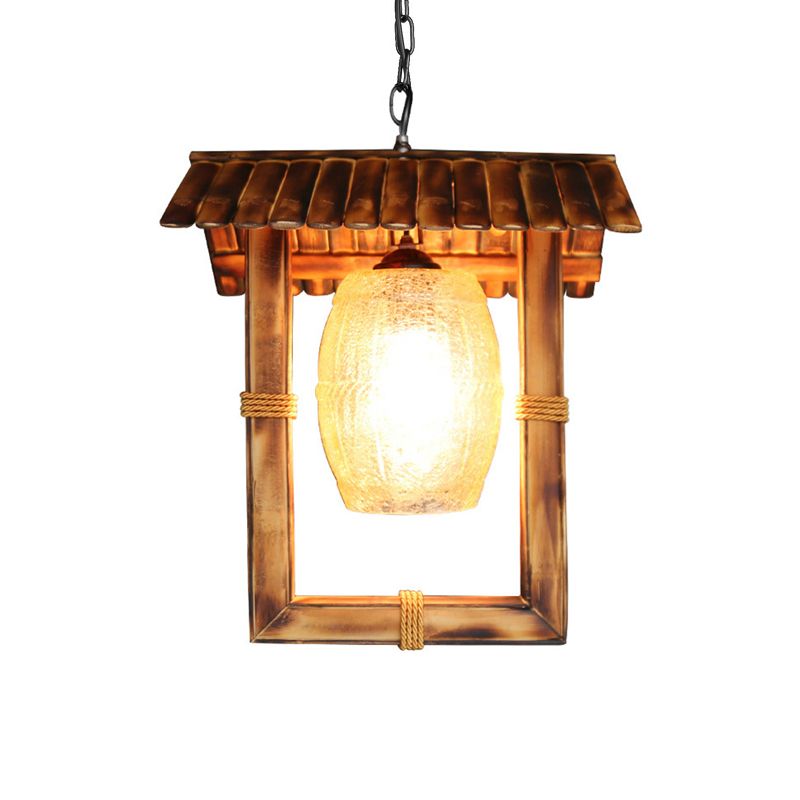 Rectangle Hanging Ceiling Light Rustic Bamboo 1 Bulb Foyer Pendant Lamp with Crackle Glass Shade in Beige