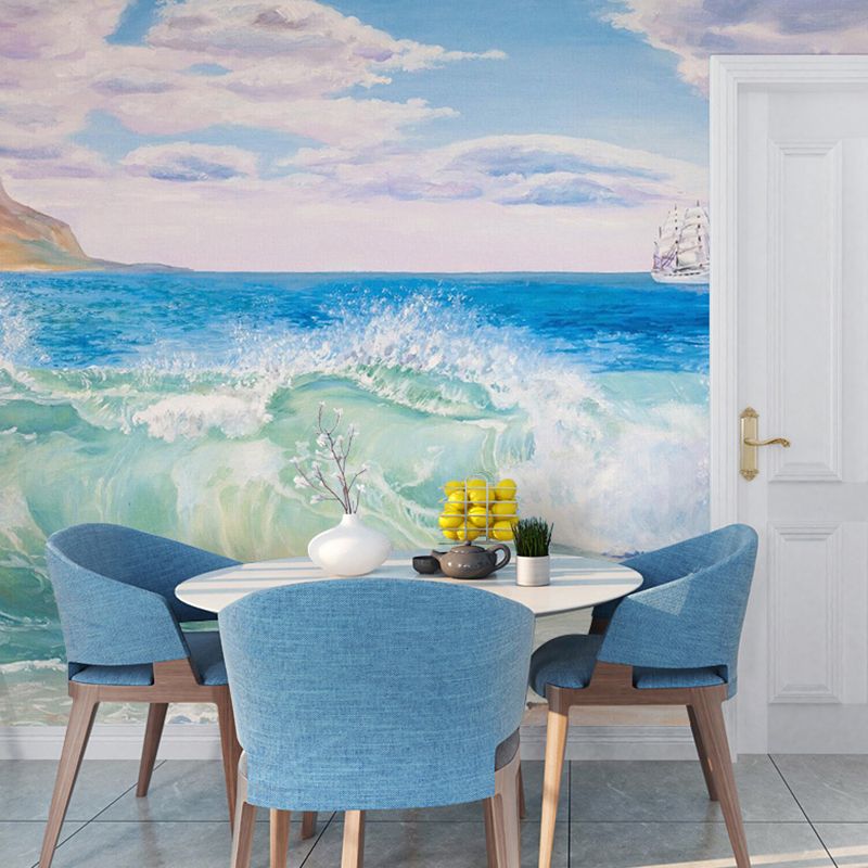 Full Size Wall Art for Living Room Seashore and Island Mural in Blue, Stain-Resistant