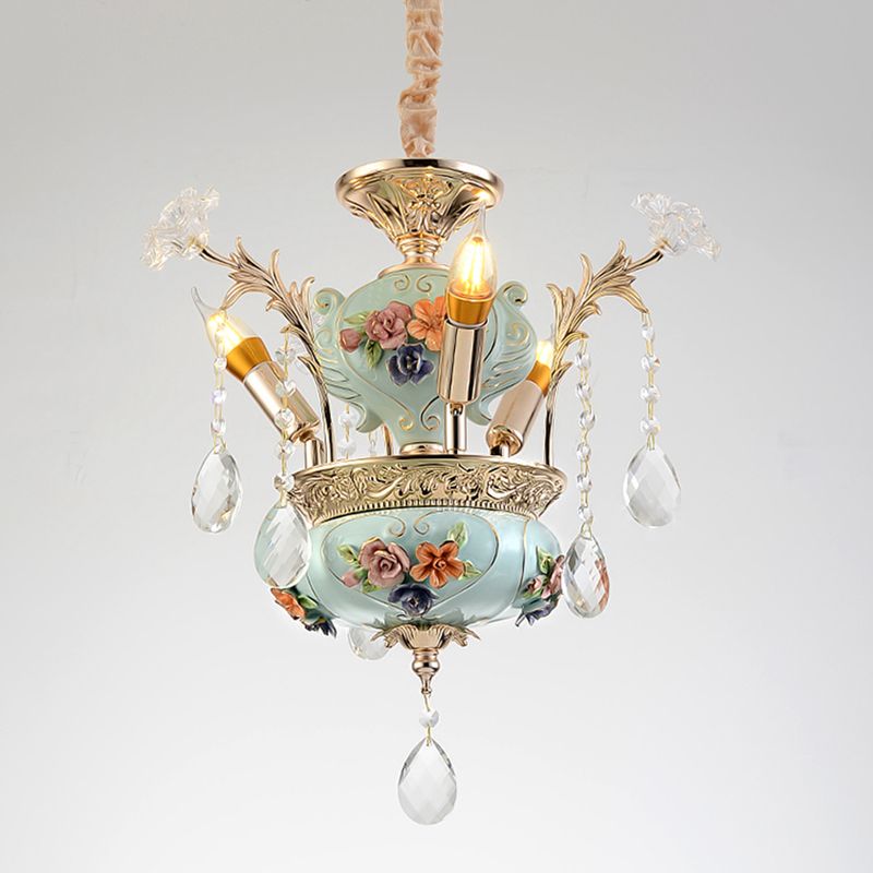 Ceramics Candelabra Suspension Lamp Contemporary 3 Bulbs Dining Room Hanging Chandelier in Blue with Crystal Accent