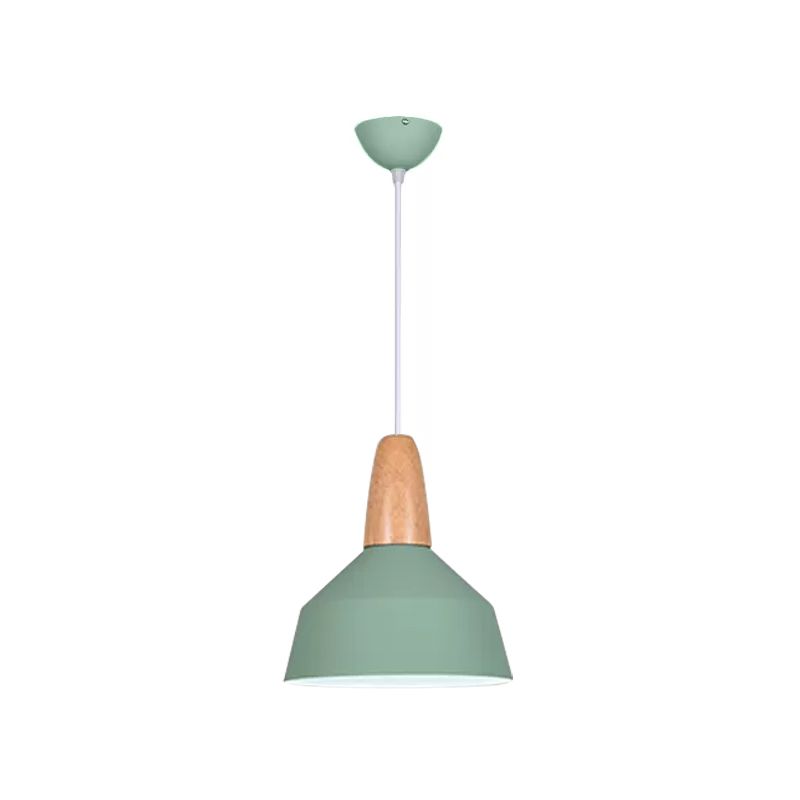 Barn Dining Room Pendant Lighting Aluminum 1 Bulb Macaron Ceiling Hang Lamp in Green/Grey/Pink with Wood Grip