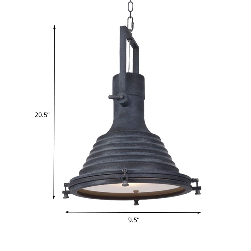 Industrial Ribbed Conical Suspension Light 1 Bulb Metallic Hanging Ceiling Lamp in Black with Handle