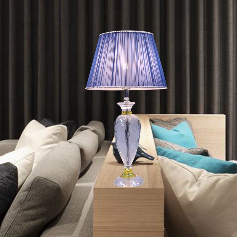 Modern 1 Head Table Lamp Blue Barrel Night Lighting with Urn-Shaped Crystal Base for Bedroom