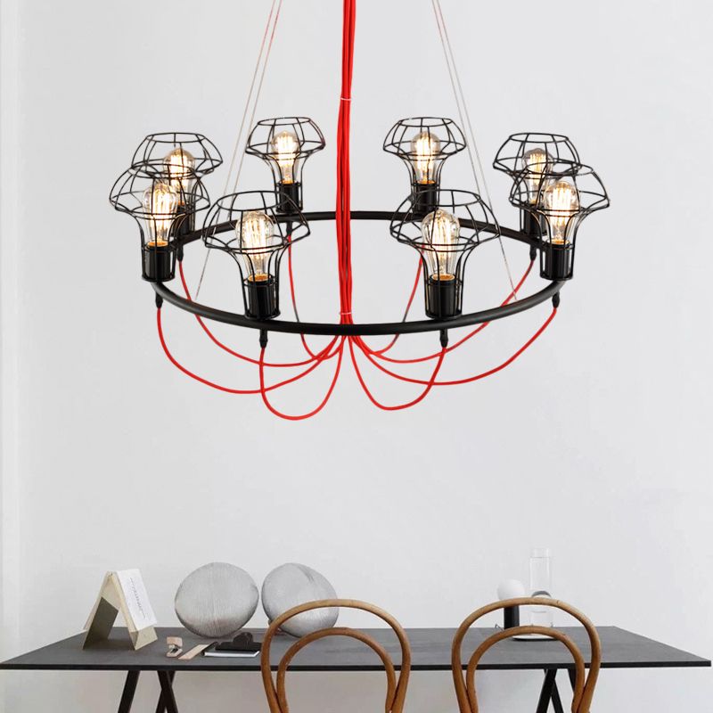 Iron Mushroom Cage Chandelier Light Industrial 8 Heads Restaurant Hanging Pendant Lamp in Black