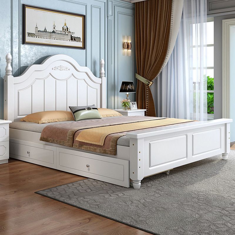 Solid Wood Panel Bed Contemporary White Standard Bed with 2 Drawers