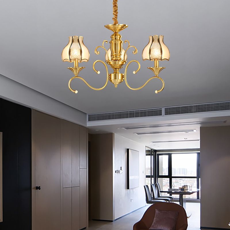 Colonial Swirled Arm Suspended Lighting 3/5/6 Heads Metal Hanging Chandelier in Gold with Frosted and Water Glass Shade