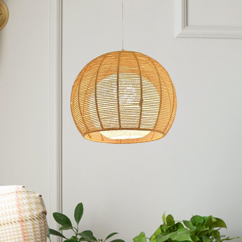 Beige/Flaxen Orb Hanging Light Rustic Rope Shade Single Pendant Lamp over Dining Table