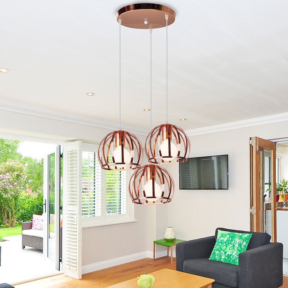 Domed Metal Hanging Lamp with Wire Cage Shade Industrial 3 Heads Living Room Ceiling Pendant in Copper