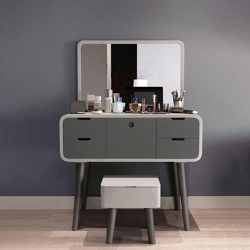 Contemporary Wood Vanity 5 Storage Drawers with Mirror & Stool